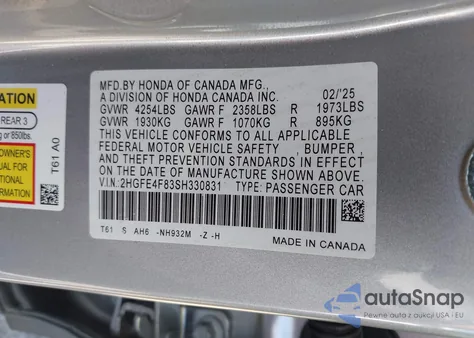 2025 Honda Civic Hybrid Sport/Sport Touring z USA, uszkodzony, nr VIN 2HGFE4F83SH330831